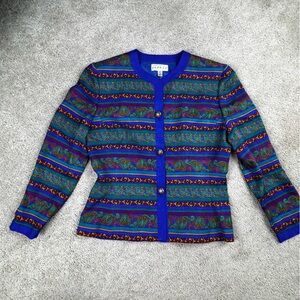 Vintage Adrianna Papell Silk Jacket Blue Geo Floral Print Elegant Designer Sz 6